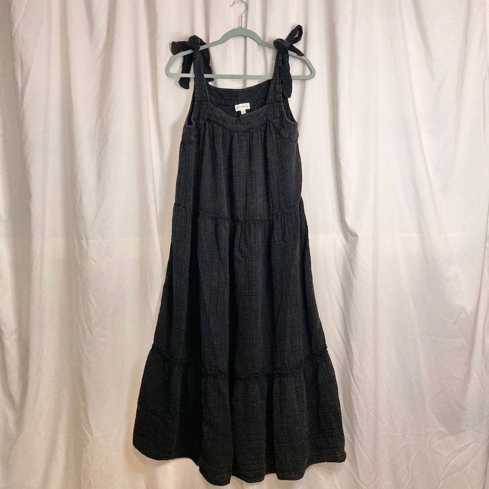 Black 100% Cotton Gauze Tiered Maxi Dress Tie Shoulder Wonderly Womens M Coastal